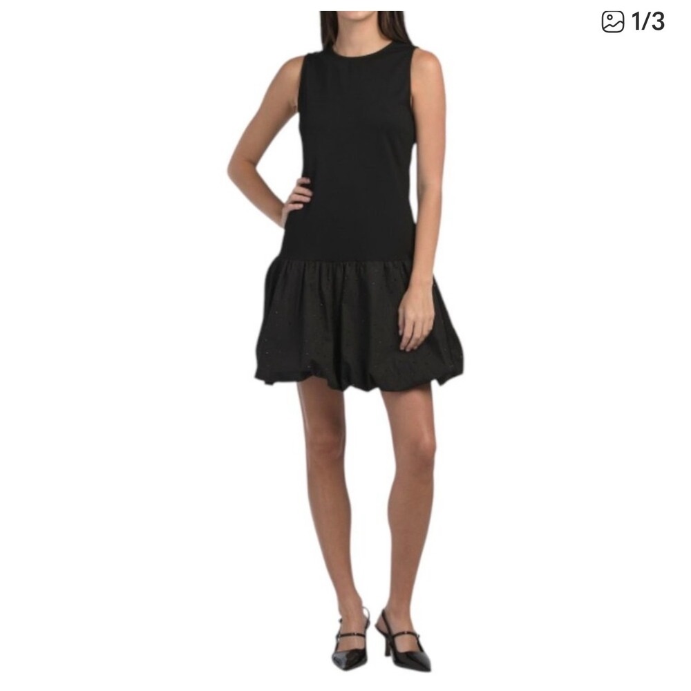 Ellen Tracy Womens Black Rhinestone Bubble Hem Dress Sleeveless Cocktail LBD